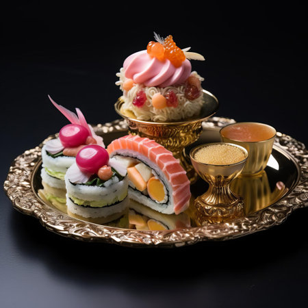 a mesmerizing sushi creation adorned with vibrant pastry dessert, captured in the opulent style of lady gaga's baroque era. gentle brushstrokes paint a secondary layer of elegance, while a hearty and filling stew adds a touch of opulence to this artistic masterpiece. ai generatedの素材