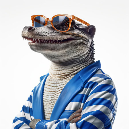 a playful caiman basks in the sunshine, sporting stylish sunglasses and a vibrant blue and white striped sweater for a hilarious and heartwarming photo op. ai generatedの素材