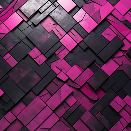 a mesmerizing mosaic of magenta tiles, featuring a gritty, hyper-realistic style reminiscent of hyperspace noir. intersecting planes of light violet and coal collide in a mesmerizing symmetry, capturing the essence of gritty elegance in polished concrete. ai generatedの素材