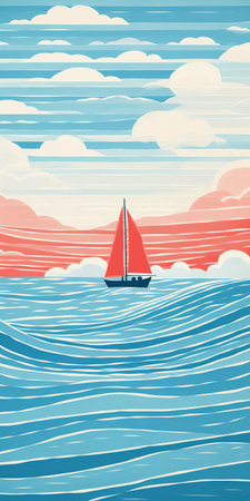 a minimalist seascape unfolds, featuring a folding boat battling the waves. wind currents dance across the sky, their flowing lines echoing the uncertainty of life's journey. the ambiguous horizon line symbolizes the unknown destination, echoing the quote's enigmatic message. ai generatedの素材