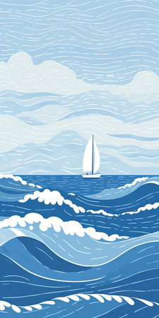 a minimalist seascape featuring a solitary inflatable boat battling the waves, its billowing sails adrift in the wind. curving lines depict invisible wind currents against a clear sky, while the ambiguous horizon line evokes the unknown destination alluded to in the accompanying quote. ai generatedの素材