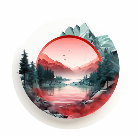 a mesmerizing landscape illustration featuring a solitary, circular ring positioned off-center within the frame. the pristine white background emphasizes the vibrant hues and intricate details of the ring, while the off-center composition creates a sense of balance and visual intrigue. ai generatedの素材