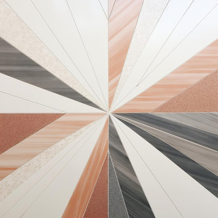 a mesmerizing mosaic of white tiles, featuring intricate geometric patterns in the style of hyperspace noir. gritty textures and graphic print elements collide in a light peach and mahogany palette, creating a mesmerizing interplay of intersecting planes and perfect symmetry on polished concrete. ai generatedの素材