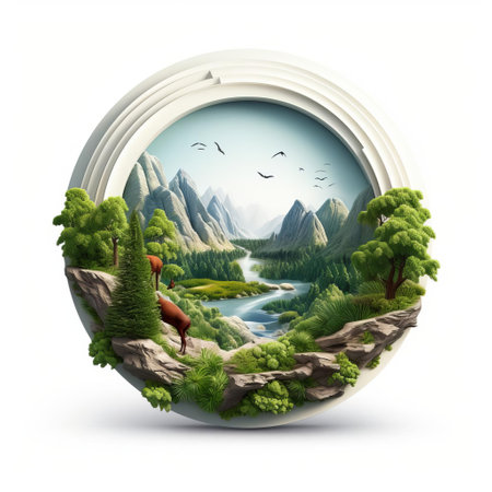 a mesmerizing landscape illustration featuring a solitary, circular ring positioned off-center within the frame. the pristine white background emphasizes the vibrant hues and intricate details of the ring, while the off-center placement adds a touch of visual balance and intrigue. ai generatedの素材