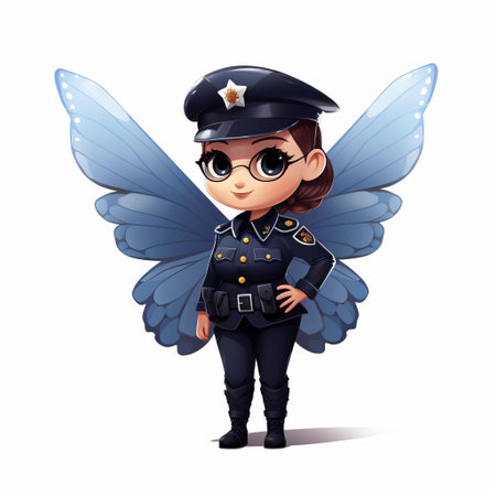 a vibrant butterfly adorned in a playful police uniform stands proudly on a pristine white background, reminiscent of beloved children's book illustrations. ai generatedの素材