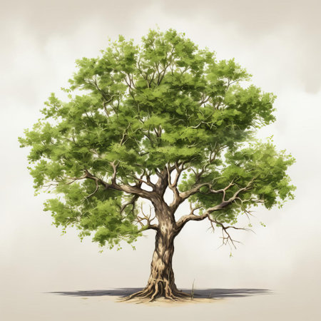 vibrant hackberry tree silhouette rendered in stunning watercolor artistry. this digital artwork features intricate details of its leaves and branches, enhanced by a captivating hdr effect, creating a captivating and ethereal representation of this majestic tree. ai generatedの素材