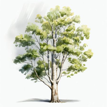 immerse yourself in the beauty of nature with this captivating watercolor clipart. this stunning artwork features a majestic white poplar tree rendered in meticulous detail, showcasing its graceful branches and delicate leaves bathed in vibrant hues. the hdr effect adds a touch of realism, highlighting the intricate textures and soft shadows. ai generatedの素材
