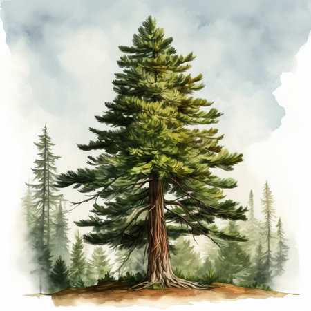 vibrant digital watercolor artwork featuring a majestic douglas fir tree rendered in meticulous detail. the intricate foliage and towering silhouette are enhanced with stunning hdr effects, resulting in a captivating and ethereal representation of this iconic tree. ai generatedの素材