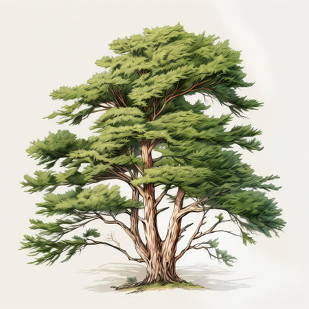 immerse yourself in the serene beauty of a majestic white cedar rendered in vibrant watercolor. this stunning clipart features intricate details of the tree's graceful foliage and textured bark, bathed in a captivating hdr effect. ai generatedの素材