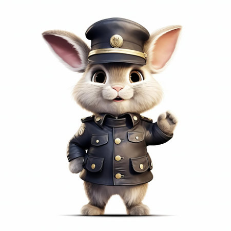 a playful rabbit wearing a bright, cheerful police uniform stands proudly on a pristine white background. inspired by the whimsical world of children's book illustrations, this charming image captures the joy and imagination of a furry officer ready for action. ai generatedの素材