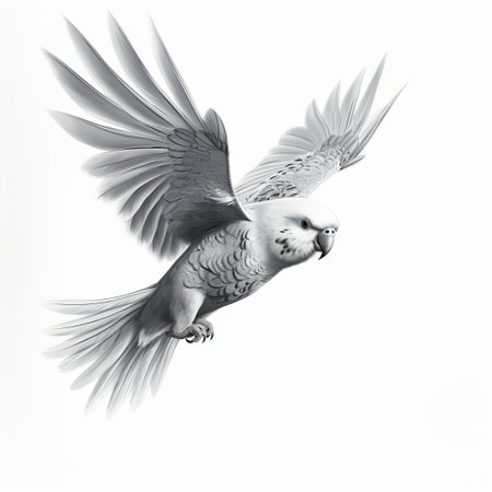 "gray scale budgerigar in flight profile: a captivating grayscale image of a budgerigar in mid-flight, showcasing the bird's distinctive profile. set against a clean, white background, this picture highlights the budgerigar's agility and beauty. perfect for designers and bird enthusiasts alike."

keywords: gray scale, budgerigar, flight, profile, grayscale, bird, mid-flight, distinctive, profile, clean, white background, designers, bird enthusiasts, agility, beauty. ai generatedの素材