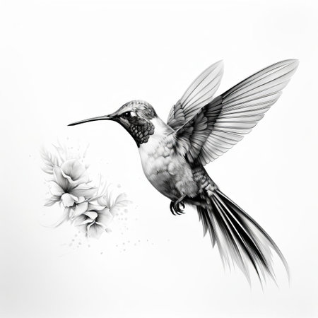 "gray-scale hummingbird mid-flight: a stunning grayscale image of a hummingbird in profile, capturing the bird's intricate features as it hovers in mid-air. perfect for adding a touch of natural beauty to any background. ideal for designers seeking unique, monochrome wildlife imagery.", ai generatedの素材