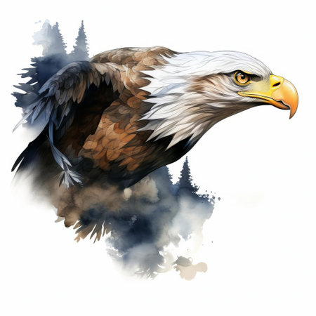 "bald eagle in profile soaring, gray scale tones, white background; majestic bird in motion, feathers ruffled, beak pointed, patriotic symbol, powerful wings spread, captivating wildlife image.", ai generatedの素材