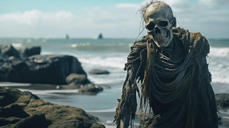 the ancient lich, a powerful undead sorcerer, emerges from a decaying shipwreck on a desolate beach, surrounded by the eerie atmosphere of a haunted coastline, with waves crashing in the background, evoking a sense of dark fantasy and mysterious adventure. ai generatedの素材