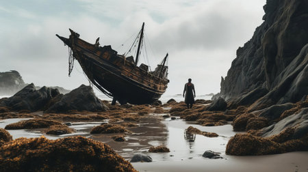 the ancient one, a mysterious and powerful being, emerges from the wreckage of a decaying ship on a desolate beach, surrounded by crashing waves and an eerie atmosphere, evoking a sense of ancient mysticism and forgotten lore, perfect for fantasy and adventure themes. ai generatedの素材