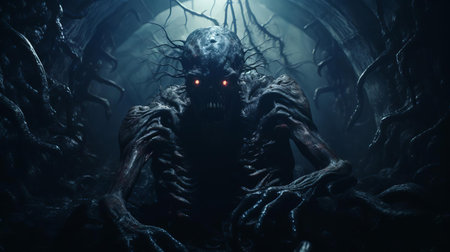 a grotesque creature emerges from the darkness, surrounded by an eerie atmosphere reminiscent of a 1980s grindhouse movie, evoking the style of panos cosmatos, with hyper-detailed, grainy textures and a sense of realism, as if shot on 8mm film, with a canon eos r3 camera, capturing the intricate, chromatic aberration and glow of the melting claymation lord, inspired by 1970s japanese horror and punk art,の素材