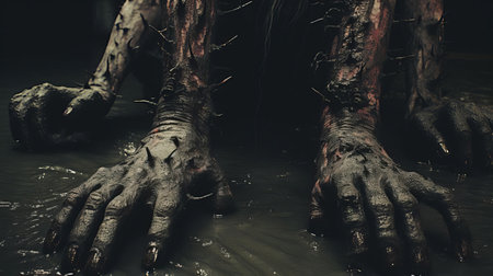 a monstrous creature emerges from the dark, its twisted form illuminated only by the faint glow of a distant light, evoking the gritty, hyper-grainy aesthetic of a 1980s grindhouse film, with a hint of 1970s japanese horror and a dash of terry gilliam's surrealism, captured in stunning 4k hyper-realistic photography with a canon eos r3 and 50mm f/1.8 lens. ai generatedの素材