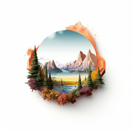 a mesmerizing landscape illustration featuring a solitary circular ring positioned off-center within the frame. the pristine white background emphasizes the vibrant hues and intricate details of the ring, while the off-center composition creates a sense of balance and visual intrigue. ai generatedの素材