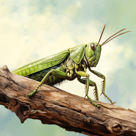 vibrant, hand-painted watercolor illustration of a majestic locust, showcasing intricate details of its wings, legs, and body. enhanced with hdr technology for a stunningly realistic and lifelike effect. ai generatedの素材