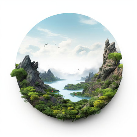 a mesmerizing landscape illustration featuring a solitary circular ring positioned off-center within the frame. the pristine white background emphasizes the vibrant hues and intricate details of the ring, while the off-center composition creates a sense of balance and visual intrigue. ai generatedの素材