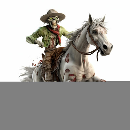 a zombie, dressed in tattered clothing, rides a horse in a humorous 3d rendered cartoon illustration set against a clean white background, showcasing the undead's unusual equestrian skills, perfect for horror comedy and halloween-themed designs, emphasizing spooky fun and playful eeriness. ai generatedの素材