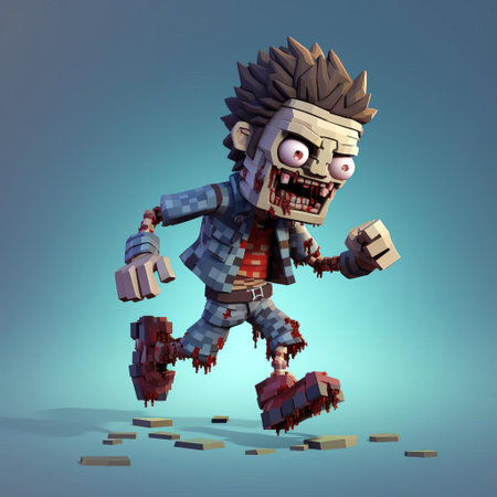 a zombie, depicted in a vibrant 3d 8-bit pixel art style, is shown running in a full-body pose against a clean white background, evoking a sense of retro video game nostalgia, perfect for gamers and fans of pixel art, zombies, and 8-bit graphics. ai generatedの素材