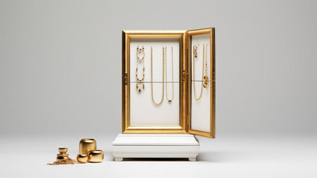 this elegant jewelry armoire stands against a clean white backdrop, its slender golden frame measuring 3 by 2 inches, awaiting a beautiful canvas, perfect for displaying treasured accessories or adorning a modern home decor with luxurious style and sophistication. ai generatedの素材