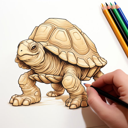 this sulcata tortoise, also known as an african spurred tortoise, is depicted in a playful cartoon style, slithering slowly with its head lifted up, showcasing its gentle nature and distinctive brown shell, a popular pet choice for reptile enthusiasts and lovers of slow-moving animals. ai generatedの素材