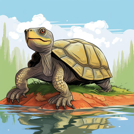the mud turtle, with its shell glistening in the sunlight, slithers slowly through the murky waters, its head lifted up in a curious pose, showcasing its scaly skin and wise, ancient eyes, a charming cartoon representation of these fascinating aquatic creatures. ai generatedの素材