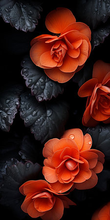 begonias, with their delicate white petals and lush green leaves, thrive on a bed of black shingle, showcasing the beauty of sustainable design in this tabletop photography setup, captured with a voigtlander bessa r2m camera, featuring soft focus and a predominantly dark gray and black color palette. ai generatedの素材