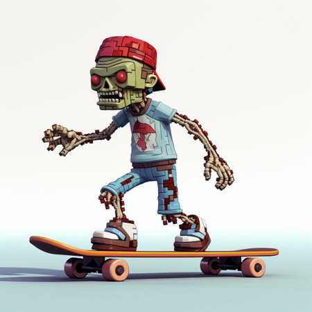 this 3d 8-bit pixel cartoon of a zombie showcases the undead creature engaging in a humorous figure skating routine, set against a pristine white background, blending contrasting elements of horror and whimsy in a visually striking digital artwork. ai generatedの素材
