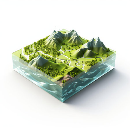 the 3d isometric square model of a highlands landscape, crafted from shiny plastic, sits elegantly on a pristine white background, showcasing the intricate details of the terrain, perfect for graphic design, architecture, and geography projects, highlighting the beauty of mountainous regions. ai generatedの素材