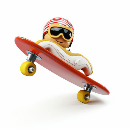 the flying skateboard, depicted in a colorful toy style, soars through the air on a pristine white isolated background, evoking a sense of fun and adventure, perfect for kids and thrill-seekers alike, highlighting the excitement of extreme sports and action-packed hobbies. ai generatedの素材