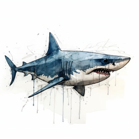 the shark, captured in a blind contour drawing, showcases its powerful full body on a pristine white isolated background, highlighting its sleek silhouette, sharp fins, and menacing gaze, evoking a sense of oceanic power and marine majesty, perfect for marine life enthusiasts and shark fans alike. ai generatedの素材