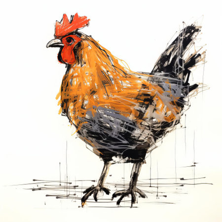 a chicken, showcased in a stunning blind contour illustration, takes center stage on a pristine white isolated background, highlighting its full body in exquisite detail, perfect for poultry enthusiasts, animal lovers, and graphic designers seeking unique farm animal designs. ai generatedの素材