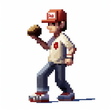 the energetic cartoon character, depicted in a vibrant 3d 8-bit pixel art style, stands proudly in a full-body pose, dressed in a baseball uniform, set against a crisp white background, evoking a sense of playful nostalgia and retro gaming charm. ai generatedの素材