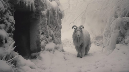 the colossal goat monster, majestically standing amidst the ancient ruins, its fur majestically coated in a thick layer of ice and snow, gazes intensely upon the brave explorers, its piercing eyes seeming to hold a thousand secrets, evoking a sense of mystique and wonder in this frozen, otherworldly landscape. ai generatedの素材