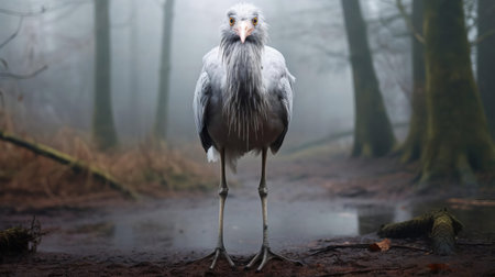 a giant seagull, with an uncanny resemblance to a sabretooth, stands majestically in a foggy forest background, its thin yet imposing figure accentuated by its long legs, while its fur-covered body and ugly eyes exude an aura of illness, creating a hauntingly realistic and foreboding atmosphere. ai generatedの素材