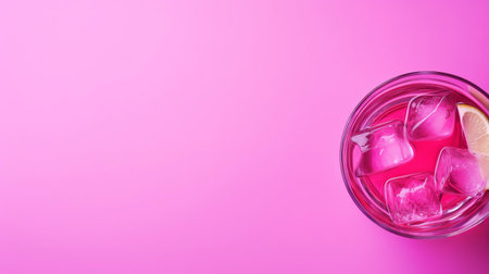 the gin and tonic's vibrant surface glistens against a bold magenta background, showcasing a mesmerizing pattern in a top view, with ample empty copy space, perfect for adding text or graphics, ideal for advertising cocktails, mixology, and barware enthusiasts. ai generatedの素材