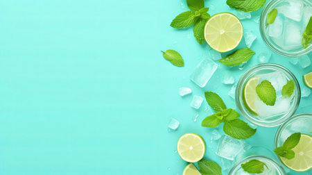 the mojito's surface, adorned with a unique pattern, takes center stage in this stunning top view image, set against a calming blue background, providing ample empty copy space for creative text or design elements, perfect for cocktail enthusiasts, bartenders, and mixologists. ai generatedの素材
