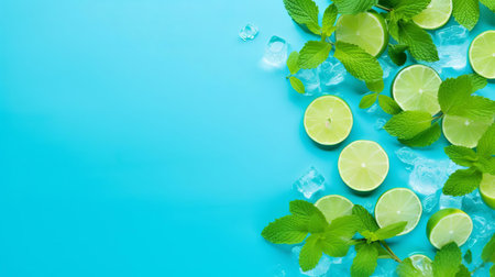 the mojito's surface, adorned with a unique pattern, takes center stage in this stunning top-view photograph, set against a calming blue background, providing ample empty copy space for creative text or design elements, perfect for cocktail enthusiasts, mixologists, and advertising professionals. ai generatedの素材