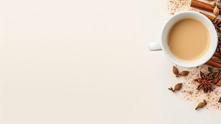 the chai tea's surface, adorned with an intricate pattern, takes center stage against a serene ivory background, invitingly framed with ample empty copy space, perfect for adding text or graphics, ideal for beverage, food, or culinary-themed designs and advertisements. ai generatedの素材
