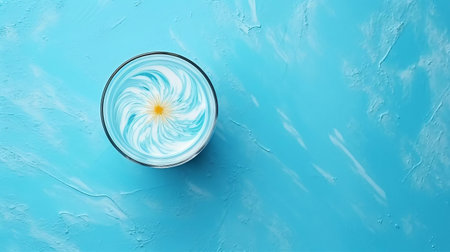 this cocktail surface boasts a stunning pattern, showcased in a top view against a vibrant blue background, leaving ample empty copy space for creative text or design elements, perfect for advertising, marketing, or social media promotions. ai generatedの素材