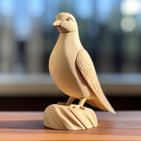 this handmade wood carving of a mourning dove, measuring 5 inches in size, showcases a simple yet elegant design, perfect for nature lovers and bird enthusiasts, featuring intricate details and textures that highlight the beauty of this symbolic bird species, often associated with peace and love. ai generatedの素材