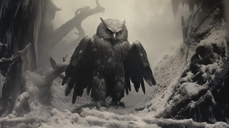 the colossal owl monster, a majestic creature with fur coated in ice and snow, gazes intensely upon the brave explorers, its piercing eyes radiating an aura of mystery and power, set amidst the ancient, snow-covered ruins, evoking a sense of fantasy and adventure in this breathtaking winter wonderland scene. ai generatedの素材
