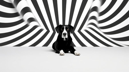 the dog, seemingly floating in mid-air, creates a mesmerizing optical illusion against a pristine white background, showcasing a stunning example of minimalist design, cleverly manipulating perspective and perception, and challenging the viewer's brain to distinguish reality from deception. ai generatedの素材