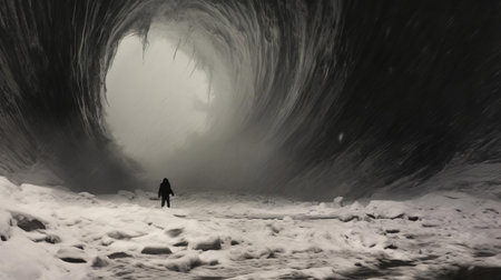 the colossal sardine monster, encased in a thick layer of ice and snow, stands majestically within the ancient ruins, its piercing gaze fixed intently on the brave explorers, evoking a sense of wonder and trepidation in this surreal, fantastical, and mystical winter wonderland scene, reminiscent of clarence h. white's iconic photography style. ai generatedの素材