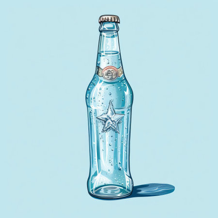 a classic bottle of sparkling water sits elegantly on a soft, pastel blue background, showcasing the refreshing beverage's sleek design and crystal-clear liquid, perfect for hot summer days, outdoor gatherings, or as a healthy alternative to soda, highlighting the beauty of simplicity and minimalism in packaging design. ai generatedの素材