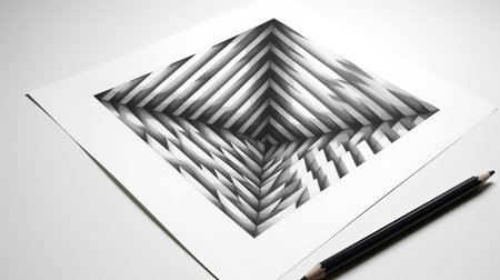 the optical illusion artwork, crafted with precision using a pencil on a pristine white background, showcases a mesmerizing minimalist design that cleverly manipulates perspective, creating a sense of depth and visual intrigue, perfect for fans of mind-bending art and geometric patterns. ai generatedの素材