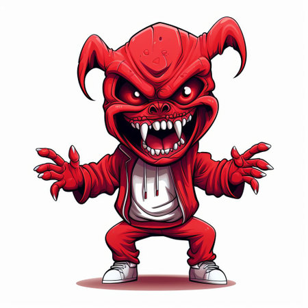 the devil, dressed in a trendy outfit, confidently stands in a b-boy stance against a crisp white background, exuding a cool, urban vibe, blending hip-hop swag with a hint of mischief, perfect for fans of streetwear and edgy fashion. ai generatedの素材